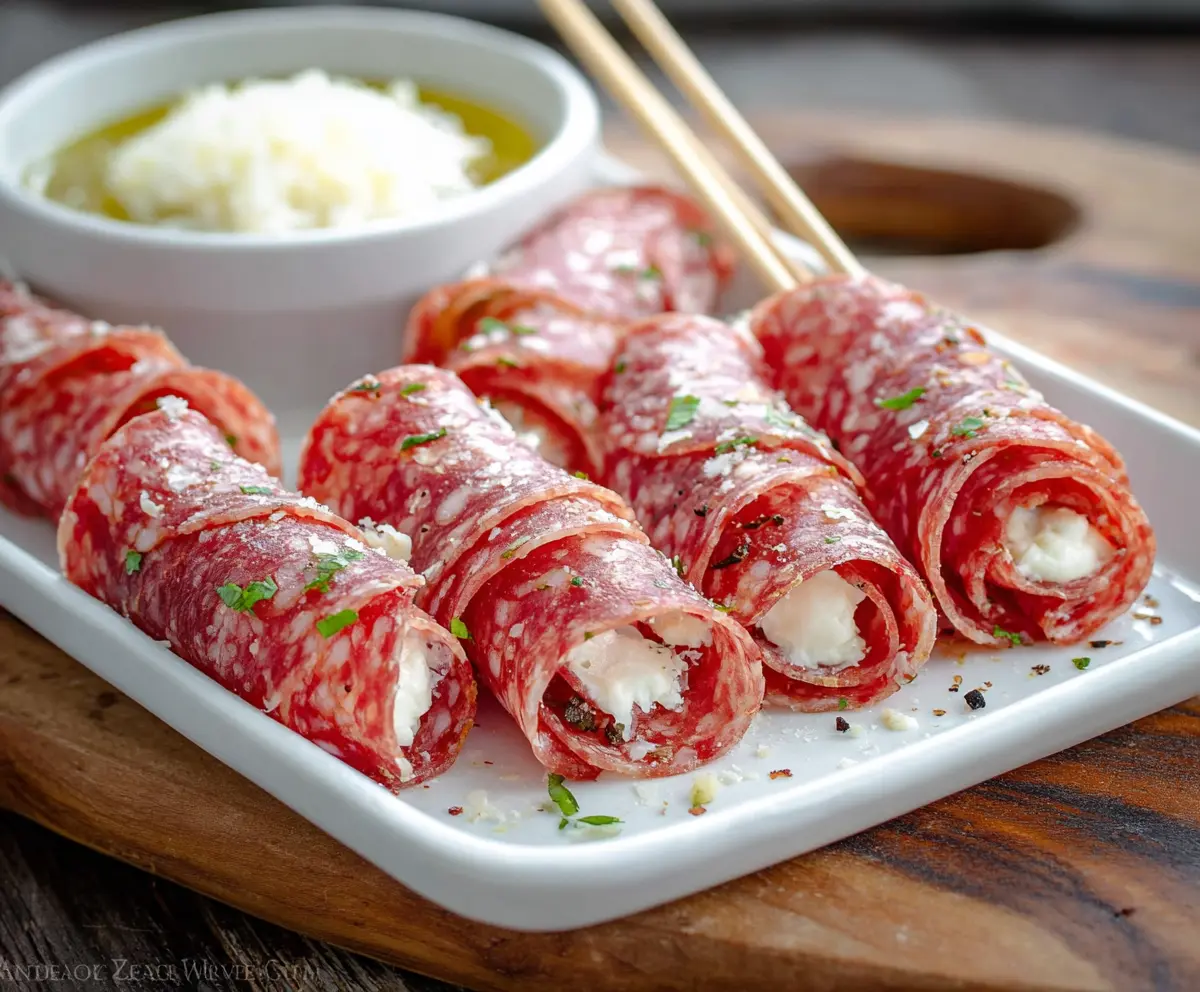 Salami roll ups with cream cheese and herbs on a wooden platter, perfect appetizer for parties.