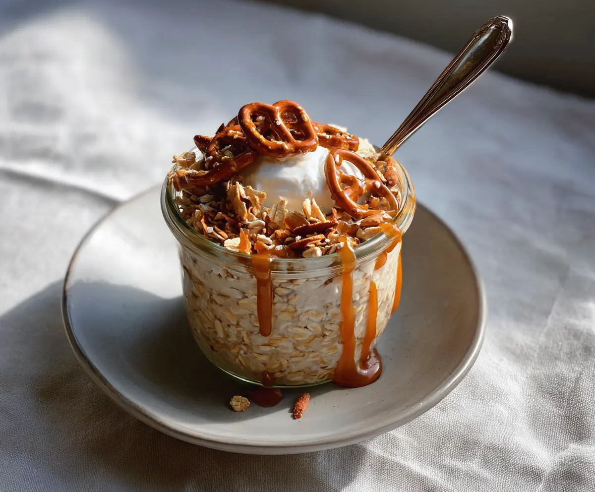 Delicious salted caramel pretzel overnight oats in a glass jar topped with pretzels and caramel sauce.