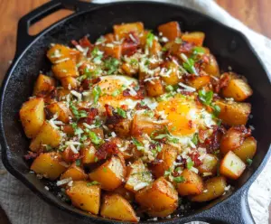 Golden crispy skillet breakfast potatoes served with fresh herbs and a fried egg.