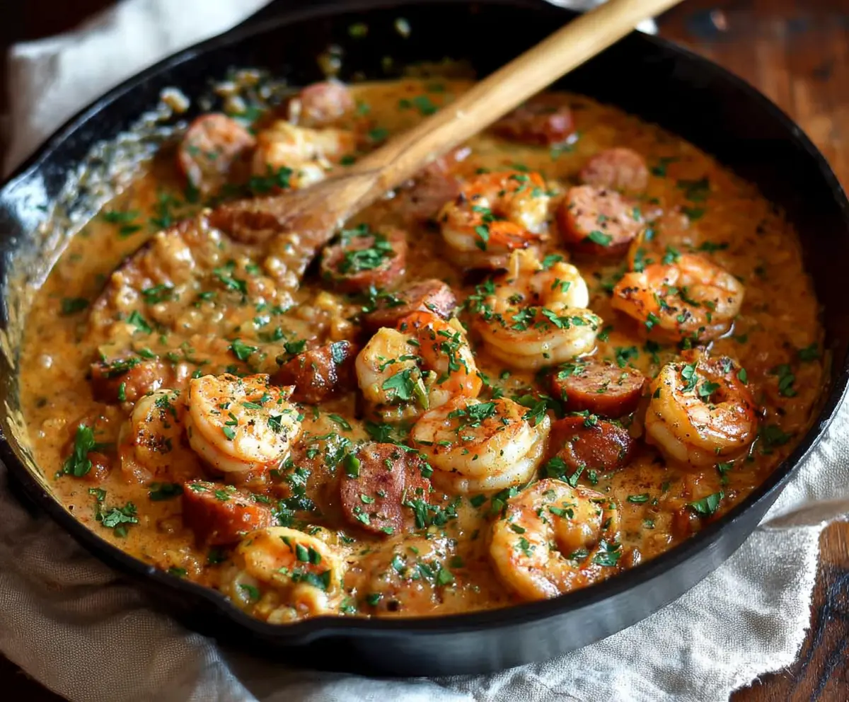 Delicious smothered shrimp and sausage served on a plate with seasonings and side dishes