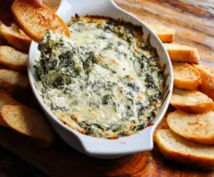 Creamy spinach artichoke dip served with toasted bread slices, perfect for appetizers or parties.