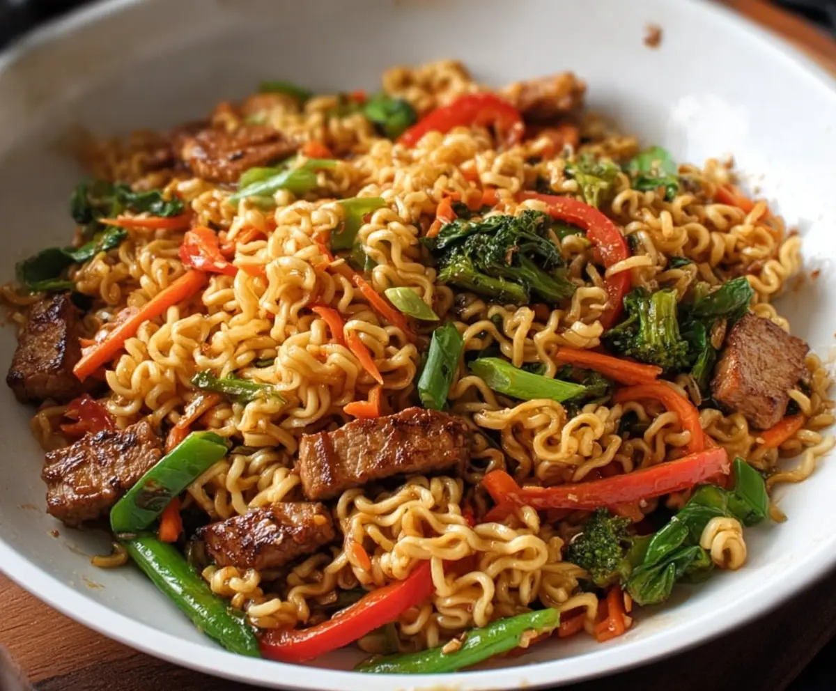Delicious stir fry ramen noodles with colorful vegetables and tender meat served in a bowl.