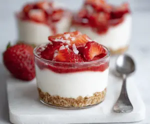 Delicious strawberry cheesecake protein cups with fresh strawberries and creamy cheesecake filling.