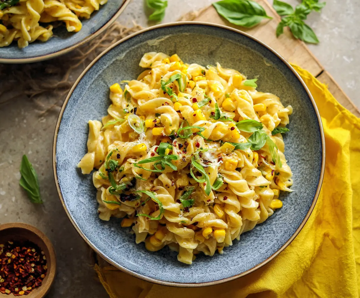 Delicious sweet corn pasta served with fresh herbs and a savory sauce