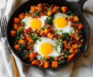 Delicious sweet potato breakfast hash with colorful vegetables and eggs, perfect for a healthy morning meal
