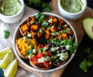 Colorful sweet potato taco bowls topped with fresh herbs and lime slices, served in a rustic bowl.