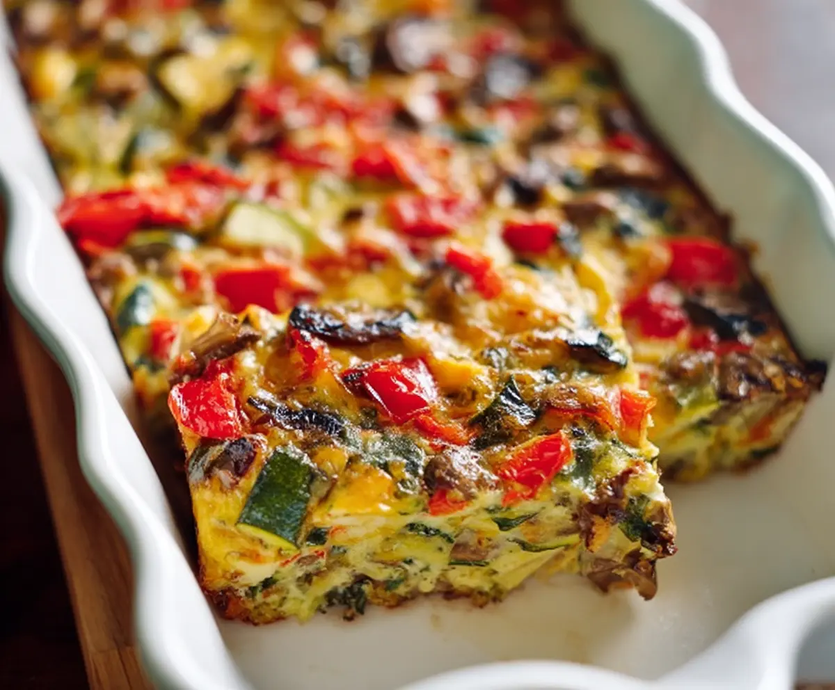 Delicious veggie-packed breakfast casserole with colorful vegetables and melted cheese, perfect for a wholesome morning meal.