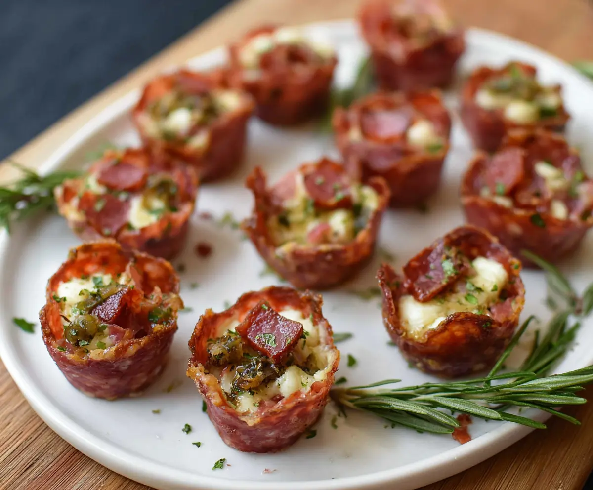 Delicious 3 Ingredient Boursin Cheese Salami Cups served as a savory appetizer.