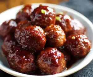Delicious 3 Ingredient Crockpot BBQ Meatballs served in a bowl, perfect for quick meals