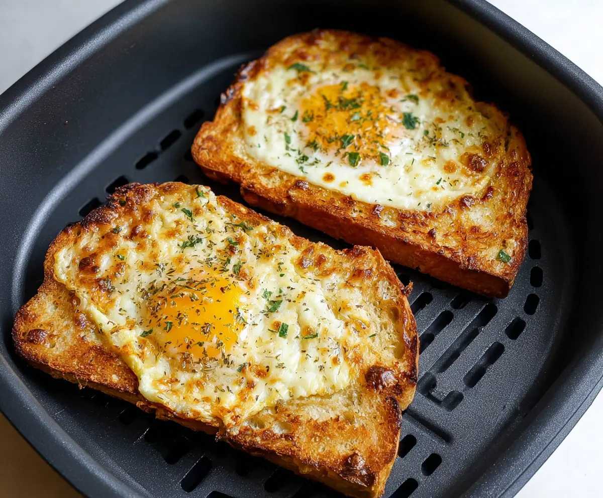 Delicious air fryer egg and cheese toast served on a plate for breakfast.