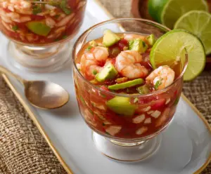 Delicious authentic Mexican shrimp cocktail served in a glass bowl with lime and fresh ingredients.