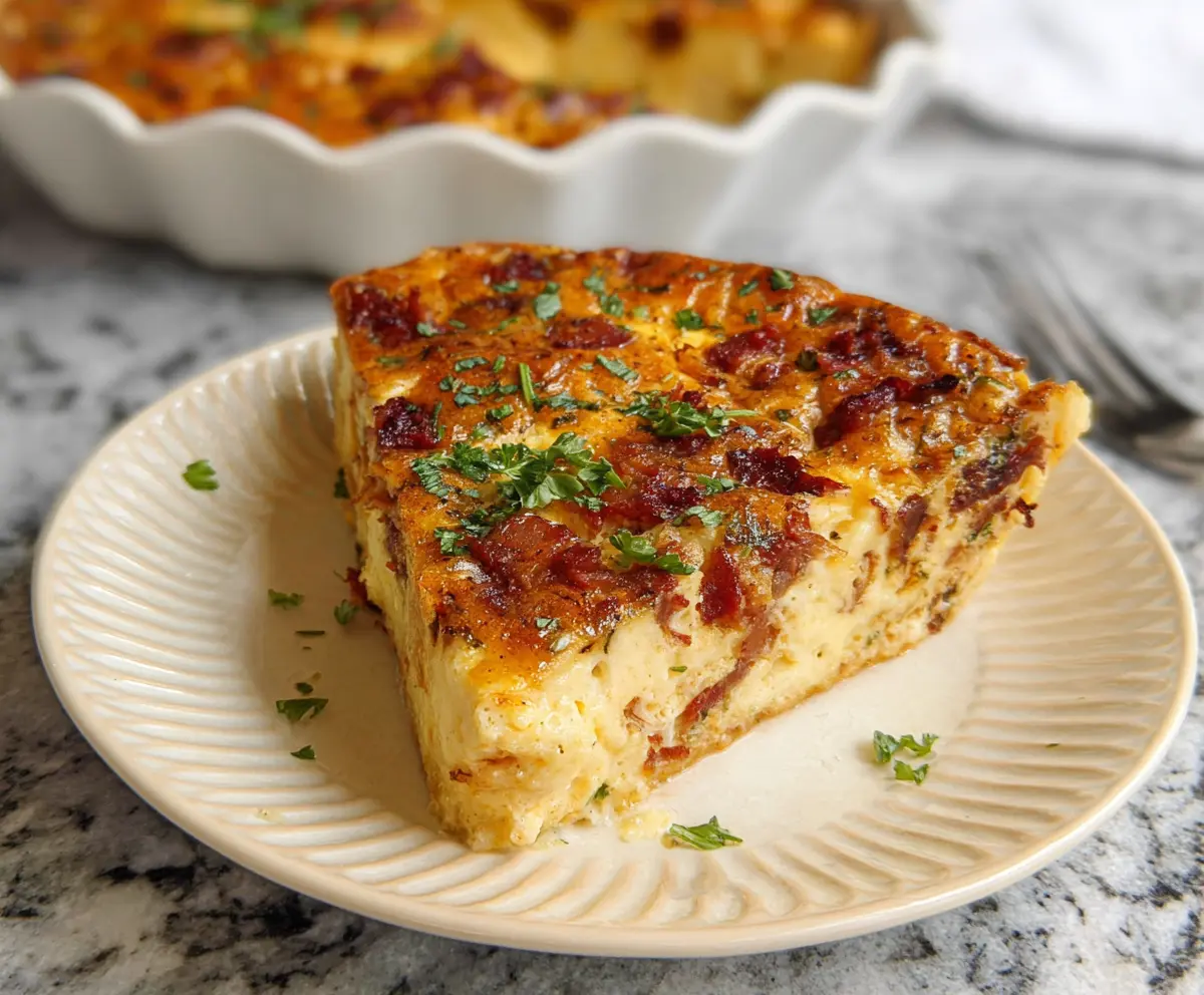 Delicious Bacon and Cheese Crustless Quiche sliced on a wooden platter for a savory breakfast or brunch.