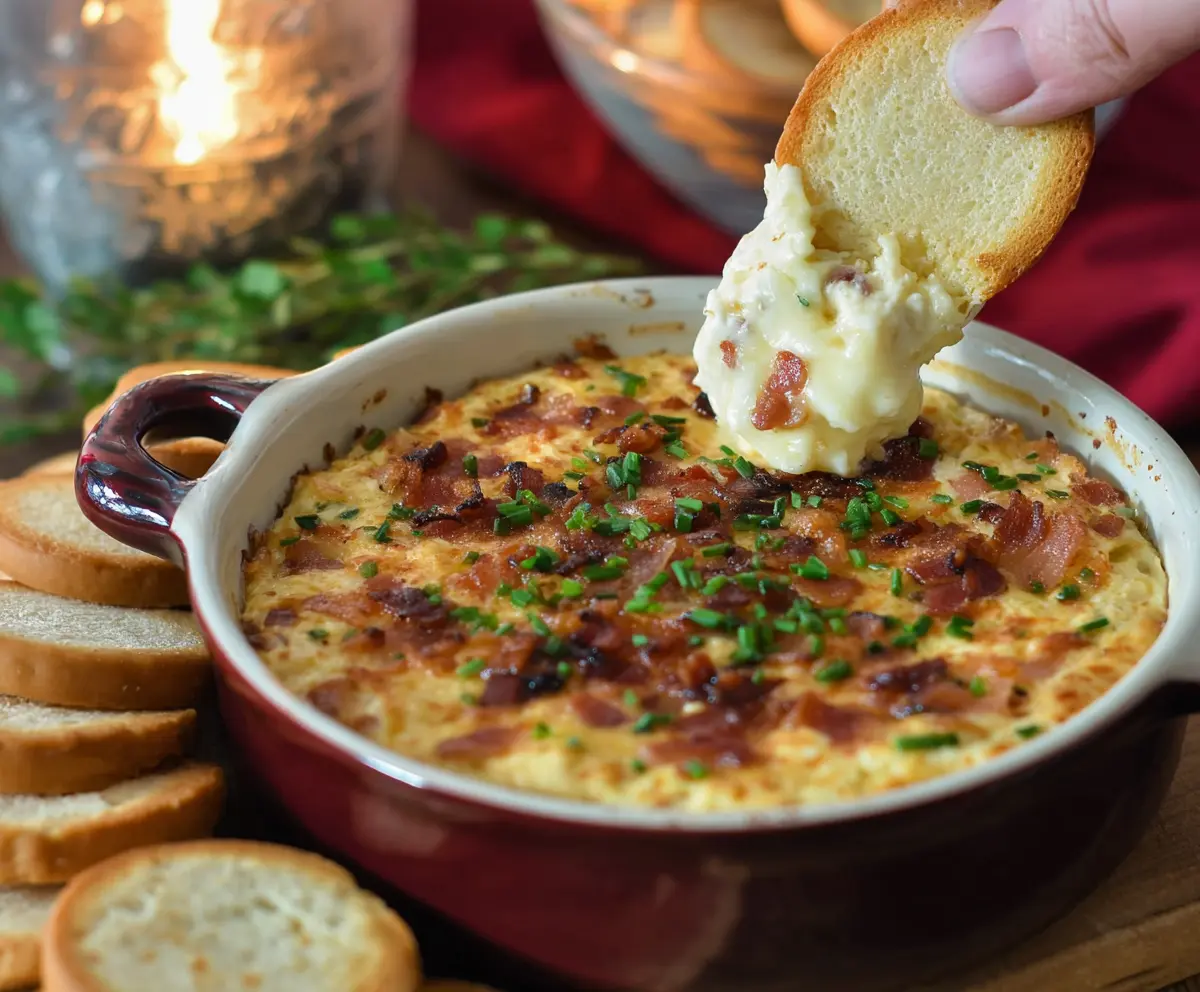 Creamy Bacon and Gouda dip with melted smoked cheese served with chips