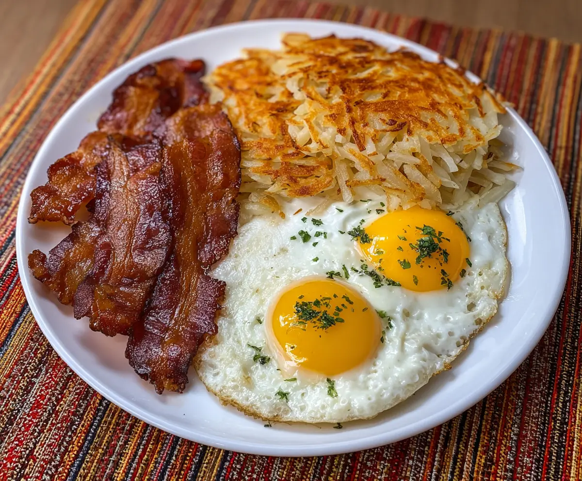 Delicious bacon, egg, and hash browns breakfast plate served on a white dish.