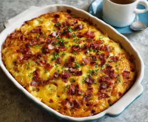 Delicious Bacon, Egg, and Hashbrown Casserole served hot with melted cheese