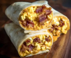 Delicious bacon egg burrito with fluffy eggs and crispy bacon in a whole wheat tortilla.