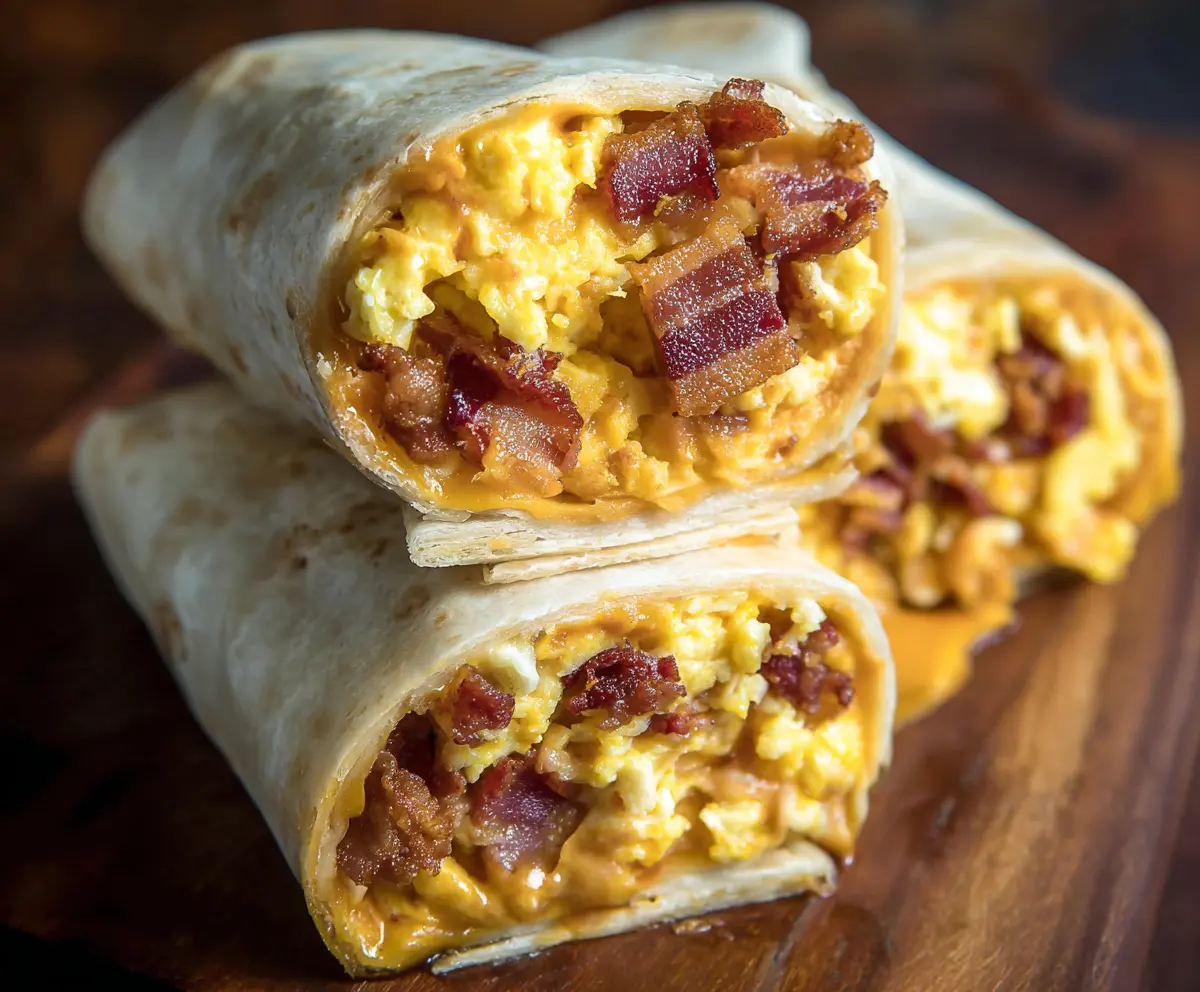 Delicious bacon egg burrito with fluffy eggs and crispy bacon in a whole wheat tortilla.