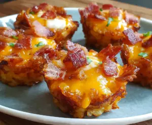 Bacon Tater Tot Cups topped with melted cheese and fresh herbs, served as a savory appetizer.