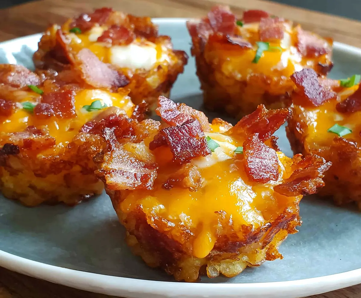 Bacon Tater Tot Cups topped with melted cheese and fresh herbs, served as a savory appetizer.