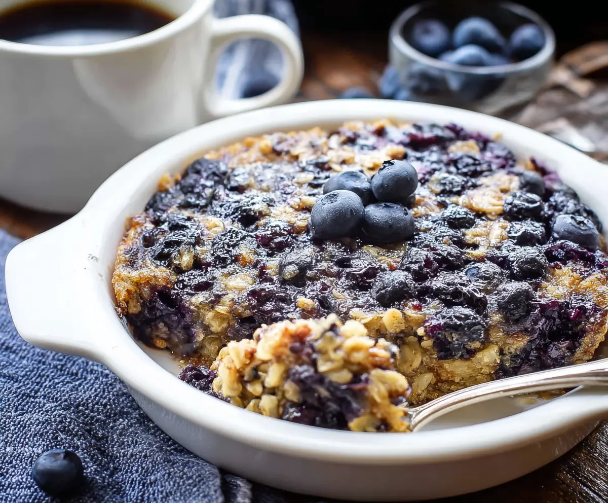 Delicious baked blueberry oatmeal served in a baking dish with fresh blueberries.
