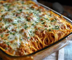 Delicious baked cream cheese spaghetti casserole topped with melted cheese and fresh herbs.