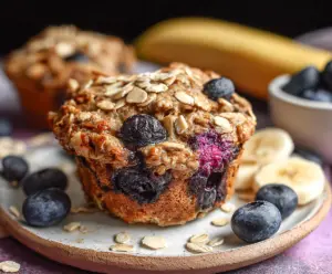 Healthy Banana Blueberry Oatmeal Muffins fresh out of the oven with blueberries and bananas visible.