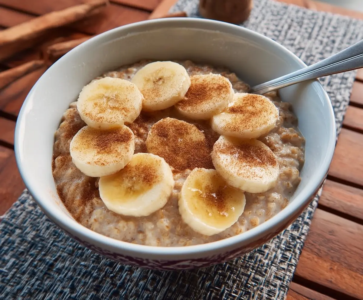 Healthy Banana Cinnamon Oatmeal bowl topped with fresh bananas and a sprinkle of cinnamon.