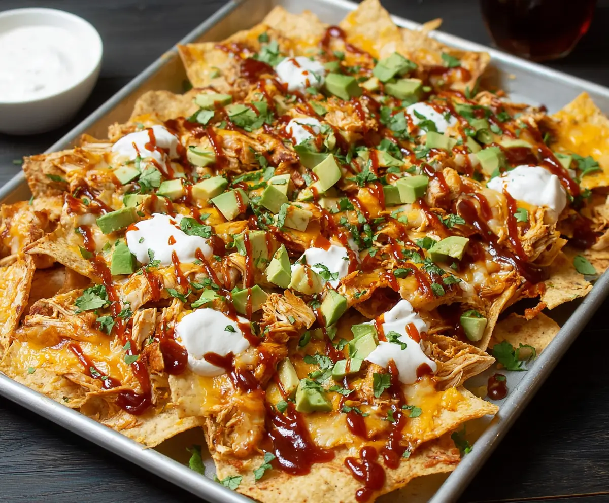 Delicious BBQ Chicken Nachos topped with melted cheese, BBQ sauce, and fresh toppings.