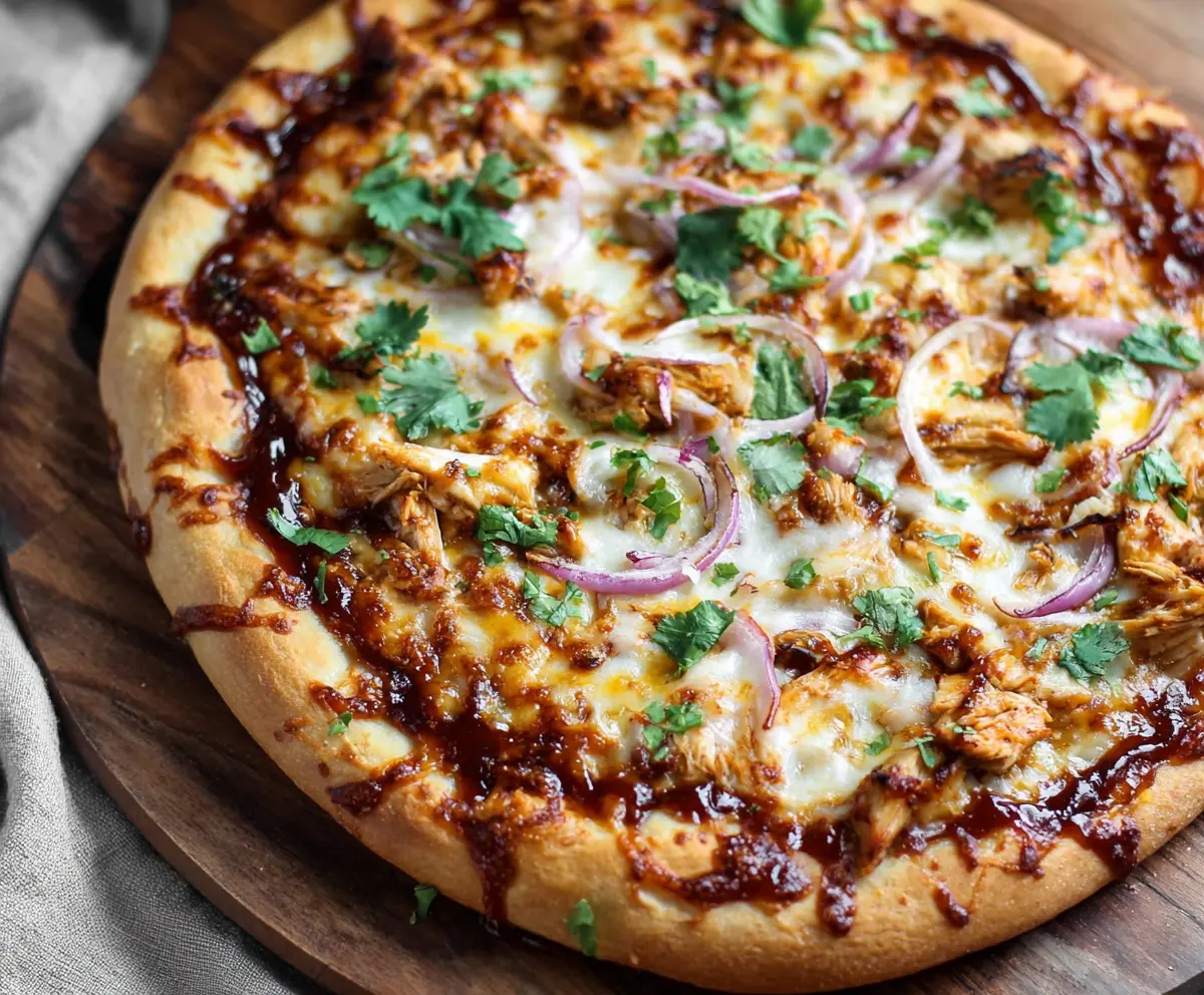 Delicious BBQ Chicken Pizza with melted cheese, grilled chicken, and smoky barbecue sauce.