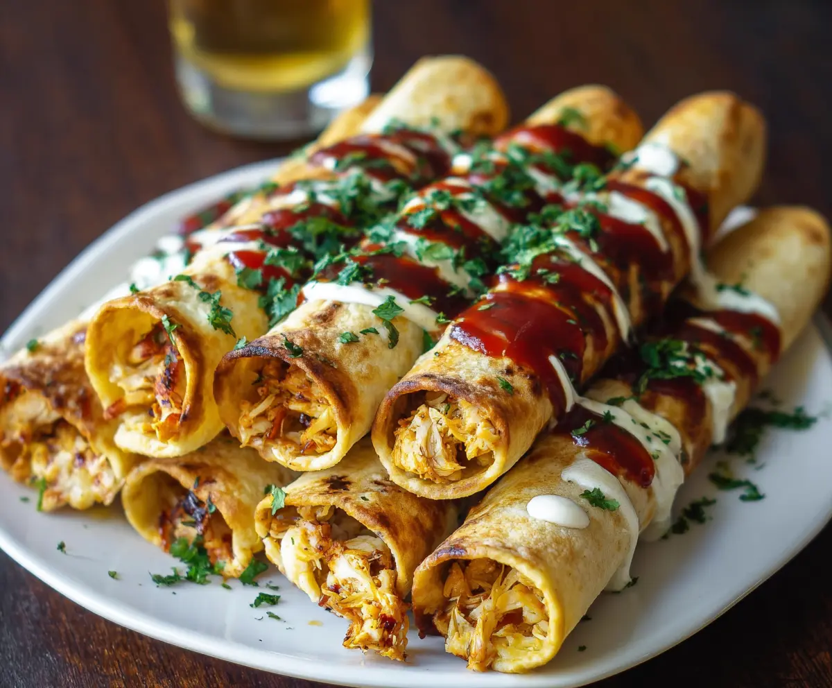 Delicious homemade BBQ Chicken Taquitos served with fresh salsa and creamy dip