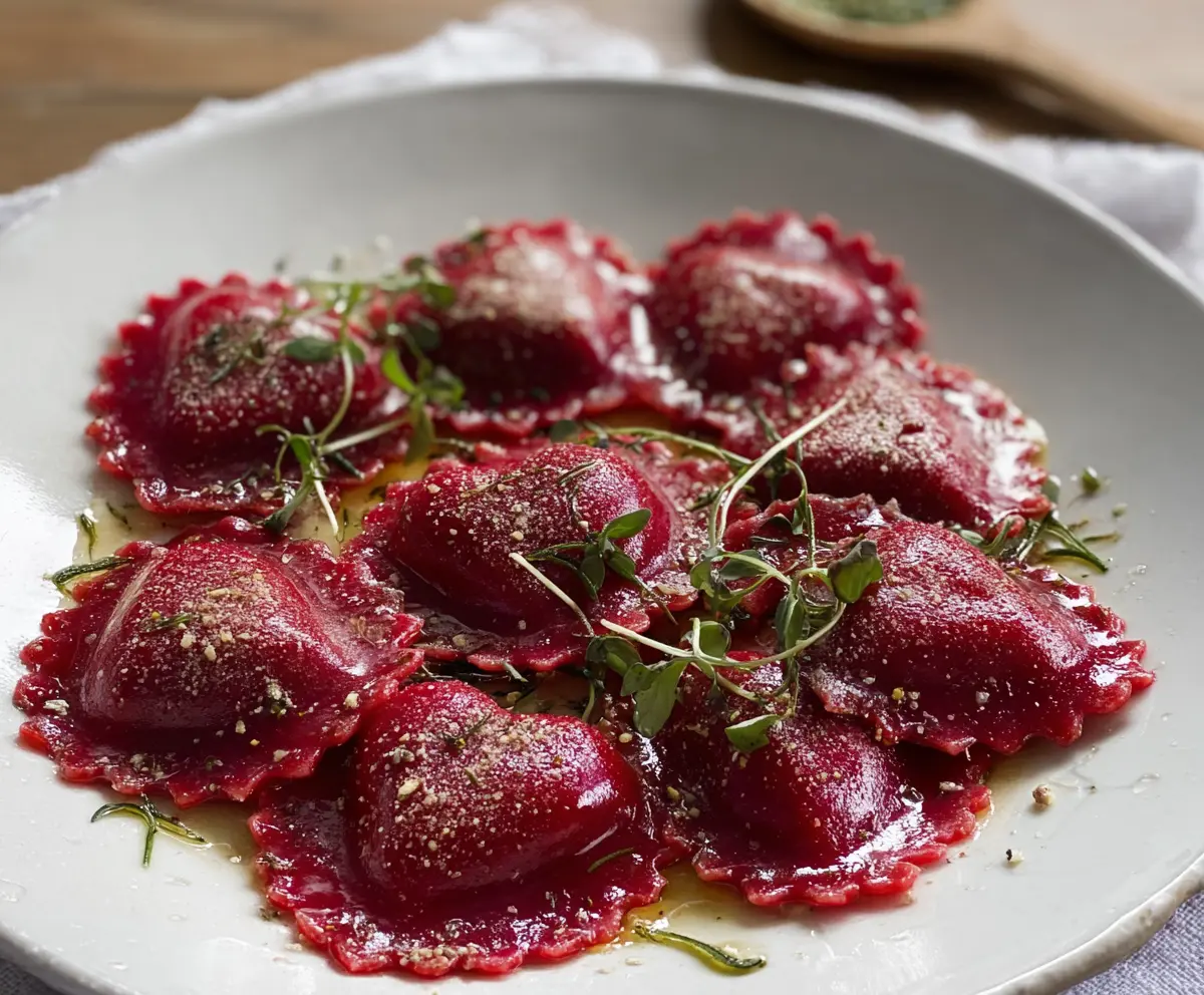 Delicious beet heart ravioli with vibrant red pasta and fresh herbs on a rustic plate