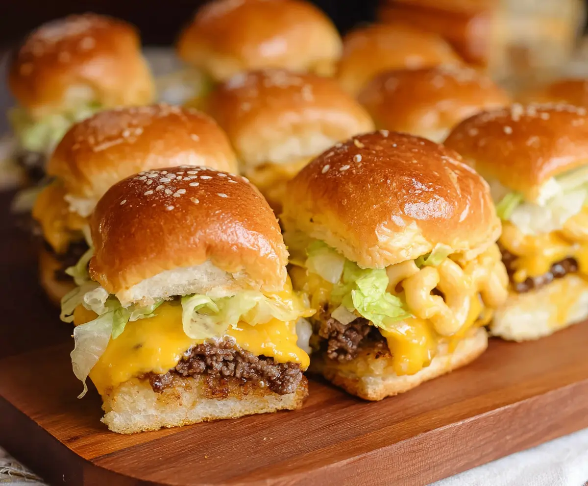 Delicious Big Mac Cheeseburger Sliders stacked with lettuce, cheese, and special sauce on slider buns.