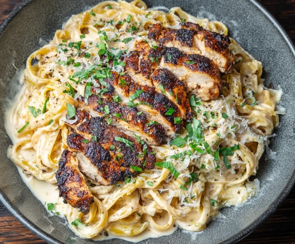 Creamy Alfredo pasta with perfectly seasoned blackened chicken strips, garnished with herbs.