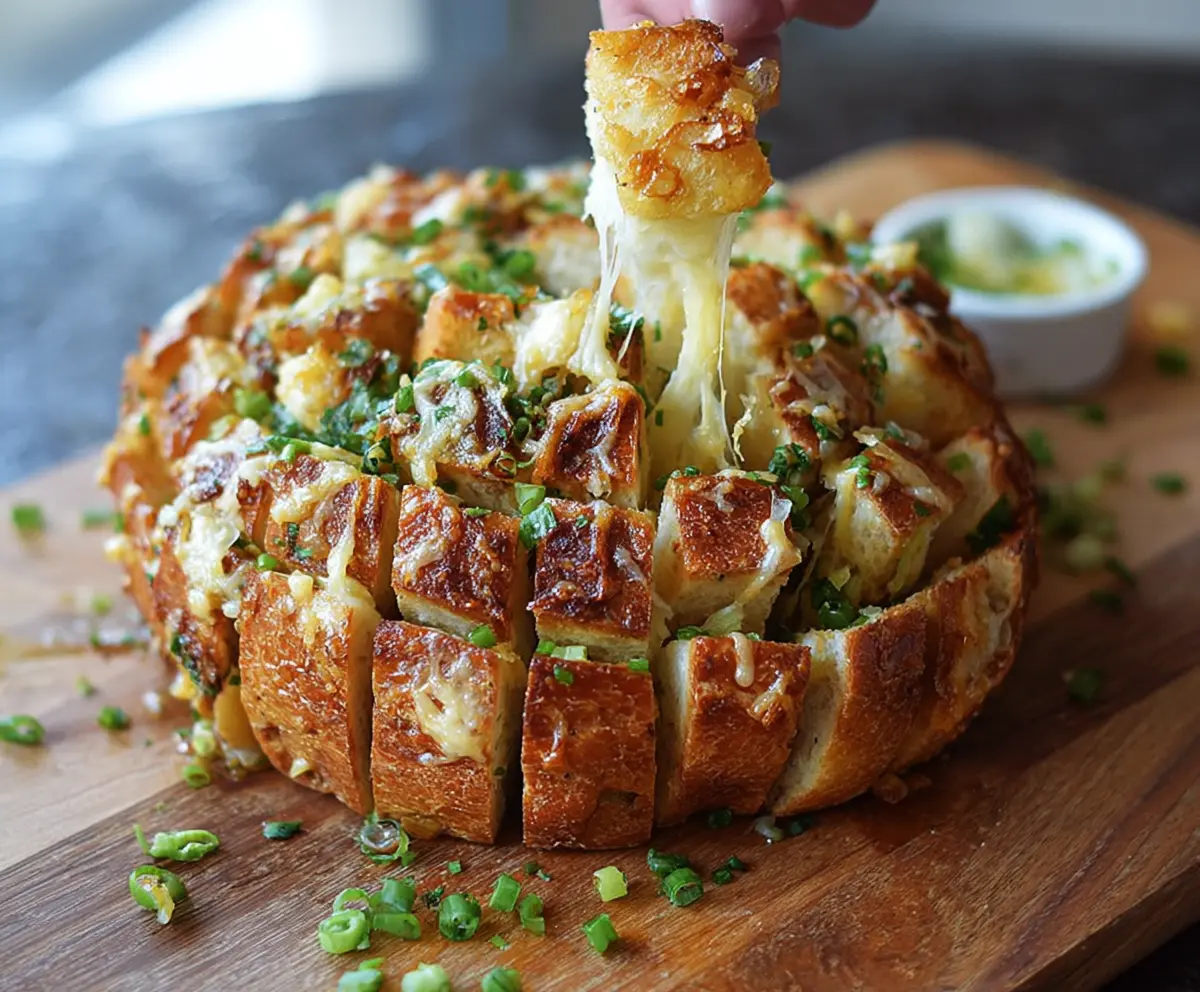 Delicious Bloomin Onion Pull Apart Bread with melted cheese and crispy onion toppings.