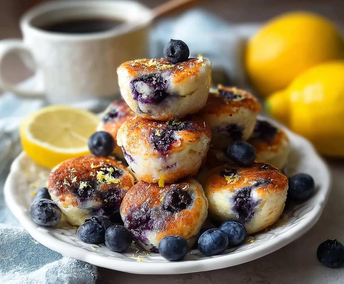 Delicious blueberry lemon cottage cheese pancake bites served on a plate, perfect for a healthy breakfast or snack.