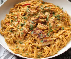 Delicious Cajun chicken spaghetti with bold spices and creamy sauce on a plate.