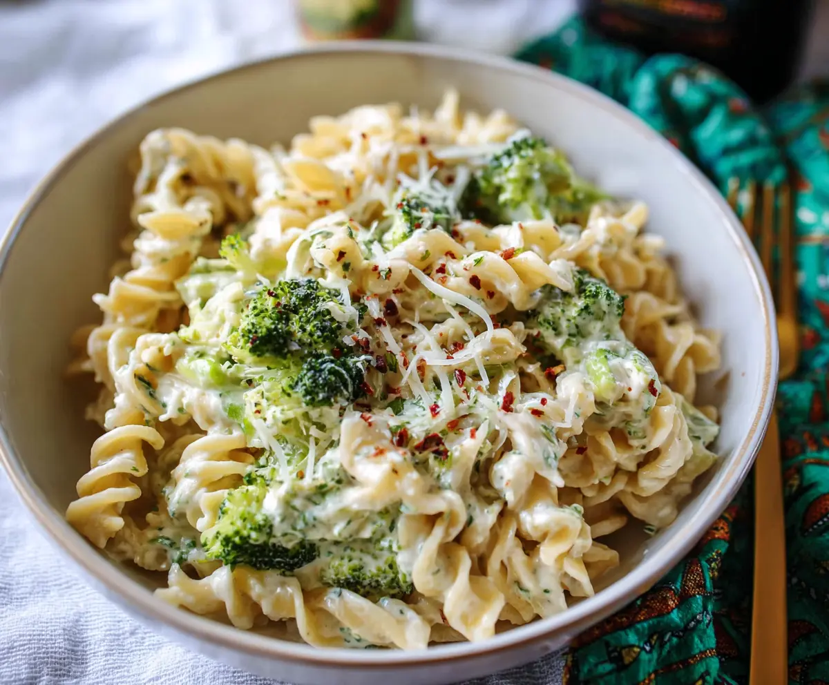 Creamy Boursin cheese pasta with fresh broccoli florets, served hot.