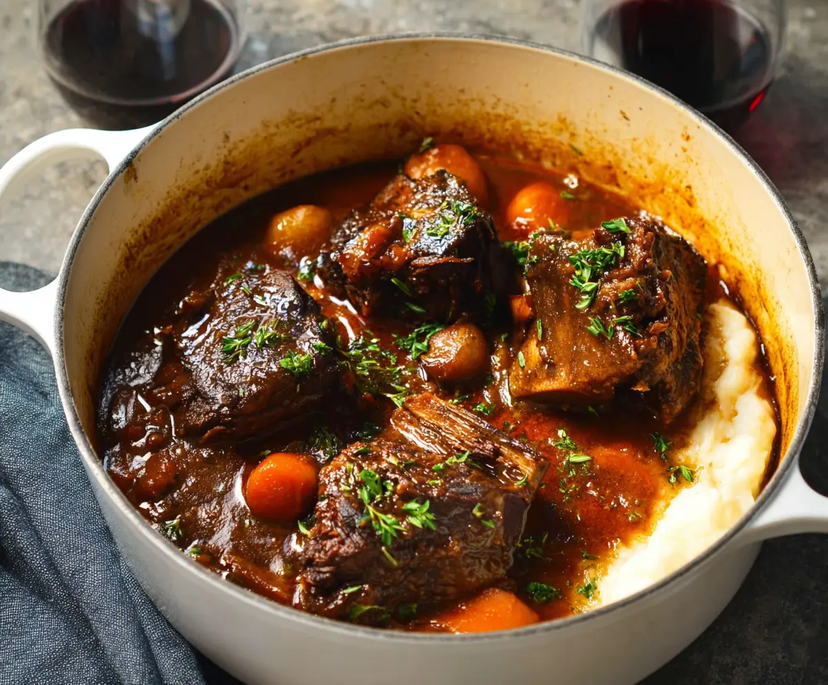 Delicious tender braised short ribs with rich sauce served on a plate.