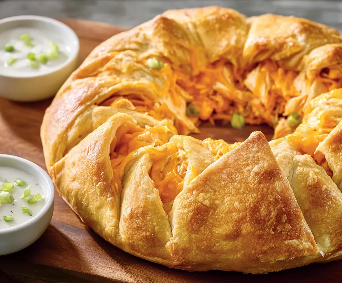 Delicious Buffalo Chicken Crescent Roll Ring served on a platter, showcasing flaky pastry and spicy chicken filling.