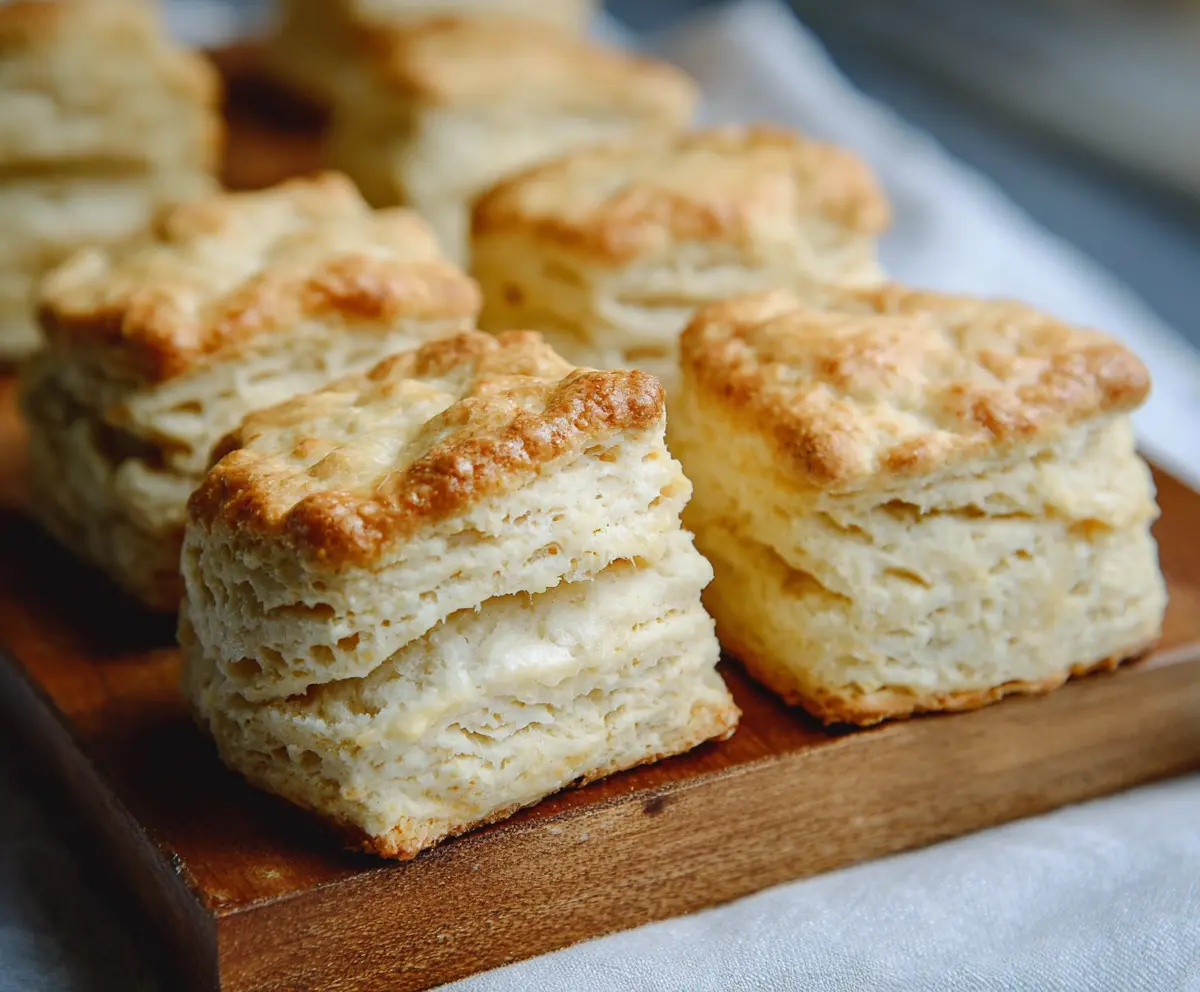 Golden, flaky Buttermilk Sourdough Freezer Biscuits on a rustic plate, perfect for breakfast or brunch.