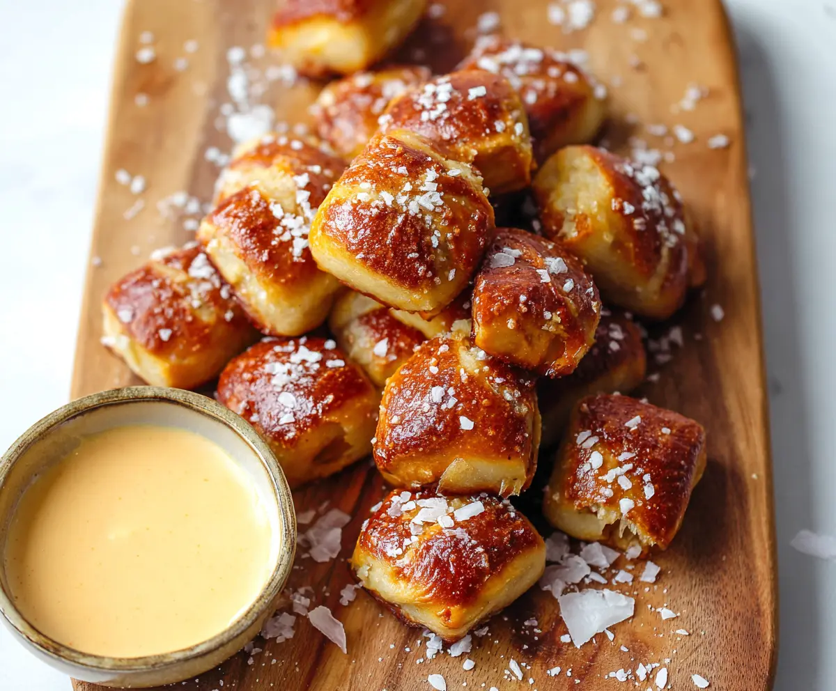 Close-up of golden, buttery soft pretzel bites garnished with coarse salt on a rustic wooden table.