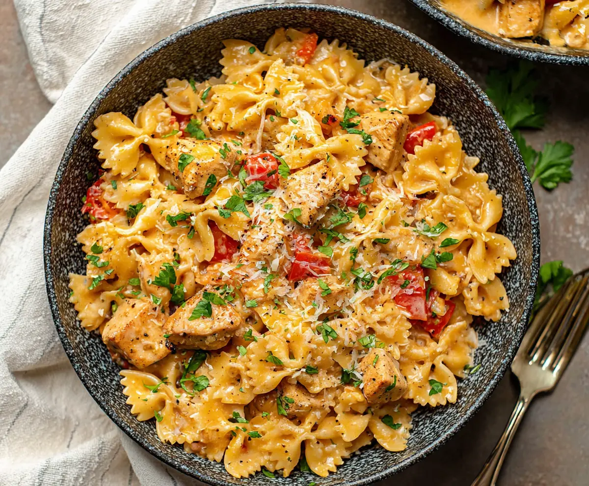 Delicious Cajun Chicken Bowtie Pasta Skillet with flavorful spices and fresh ingredients