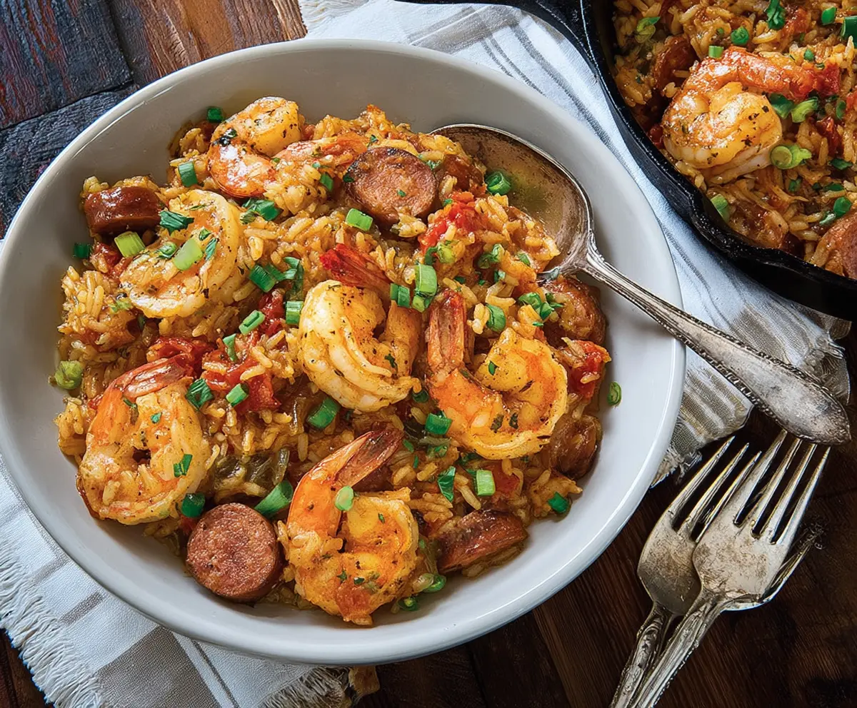 Delicious Cajun Jambalaya with tender chicken, juicy shrimp, and smoky sausage served in a vibrant dish.