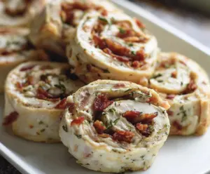Delicious Chicken Bacon Ranch Pinwheels sliced and ready to serve, showcasing a creamy, cheesy filling wrapped in flaky dough.