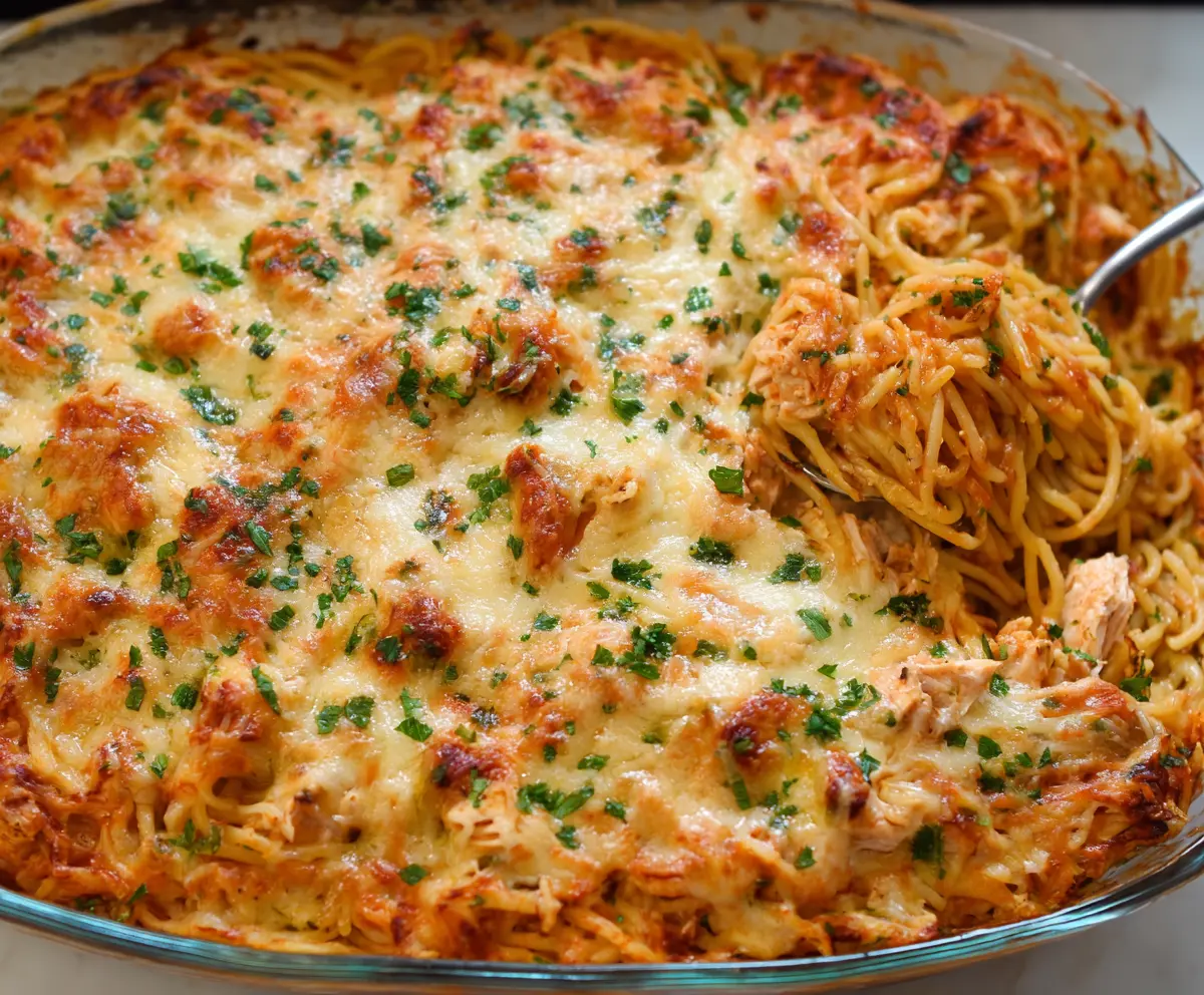 Delicious Chicken Spaghetti Bake topped with melted cheese and fresh herbs.