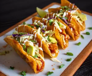 Delicious chicken wonton tacos with fresh toppings and crispy golden shells.