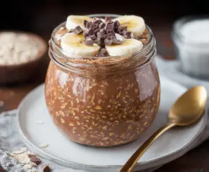 Creamy Chocolate Banana Overnight Oats in a glass jar, topped with sliced bananas and cocoa powder