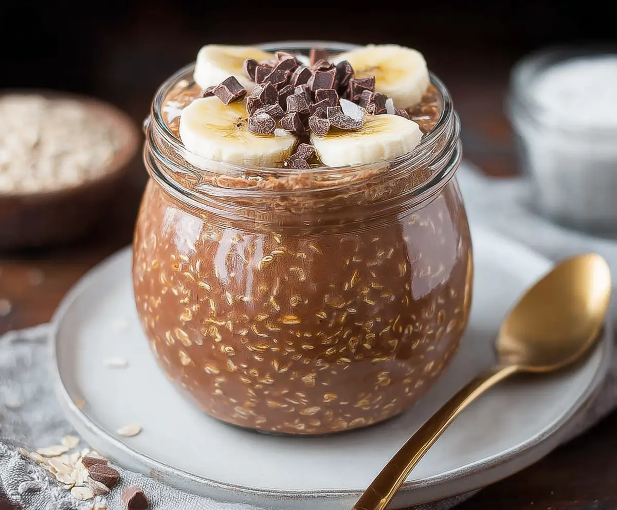 Creamy Chocolate Banana Overnight Oats in a glass jar, topped with sliced bananas and cocoa powder