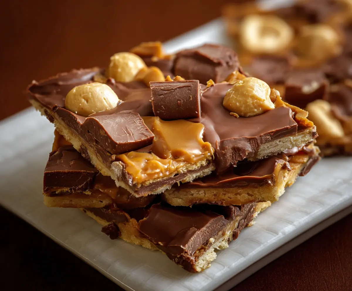 Delicious homemade Chocolate Peanut Butter Cup Cracker Toffee on a plate, showcasing a sweet and crunchy treat with rich chocolate and peanut butter layers.