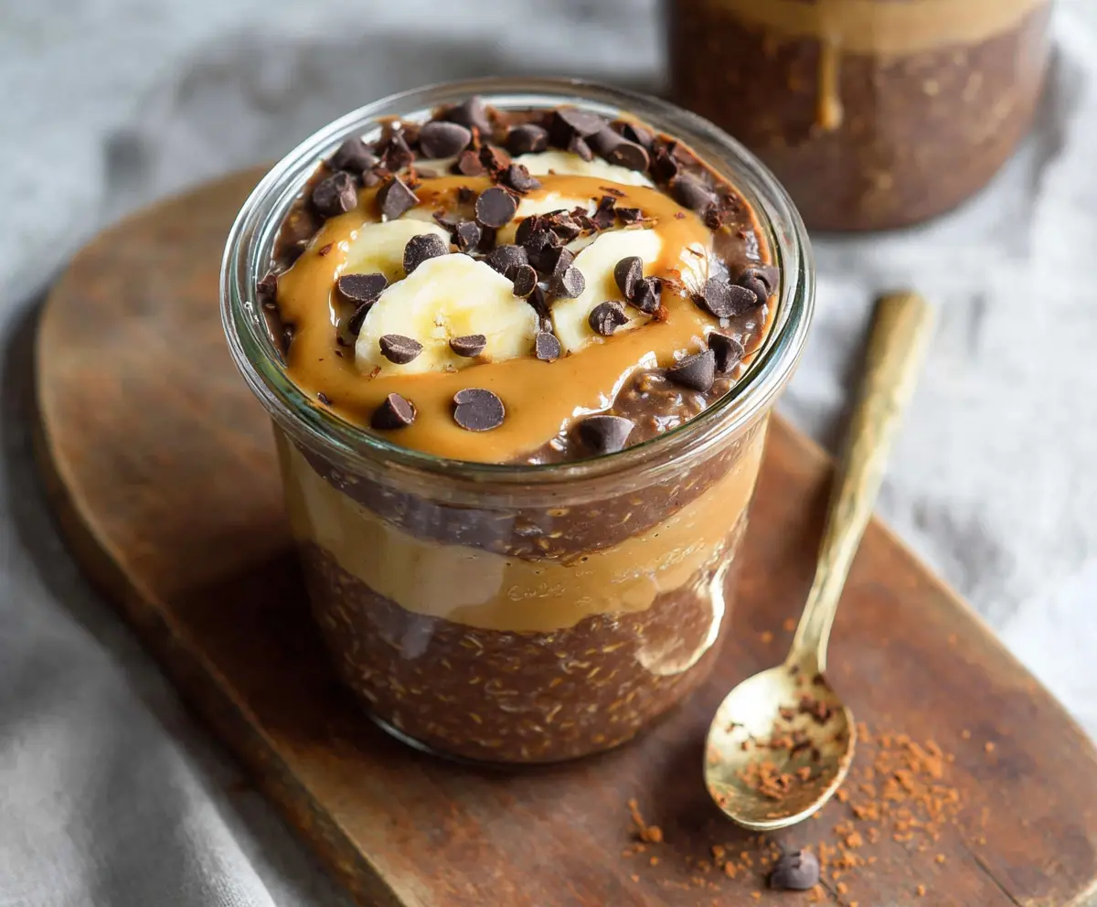 Creamy chocolate and peanut butter overnight oats in a glass jar, topped with sliced bananas and chopped peanuts.